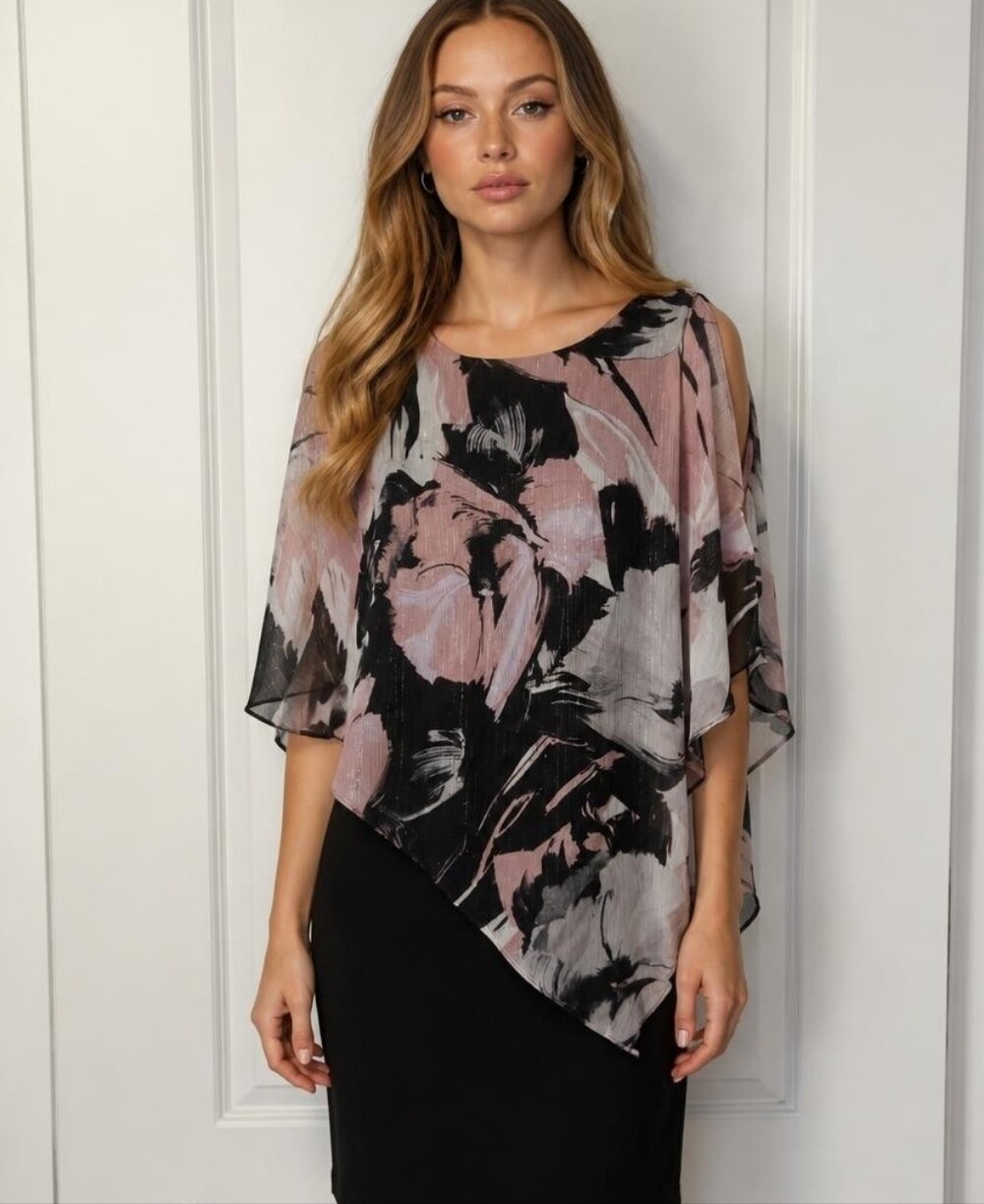 Cleo Floral Chiffon Overlay Dress Black & Pink Cold Shoulder
